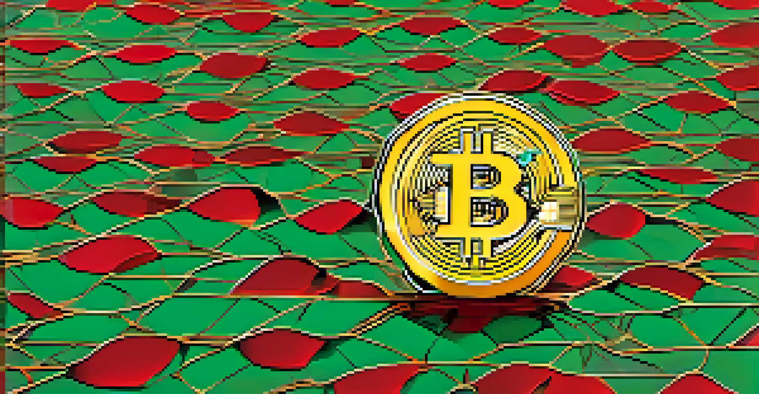 An abstract graphic illustrating Bitcoin's volatility with a fluctuating line graph and gold coins in the background, showcasing green and red colors.