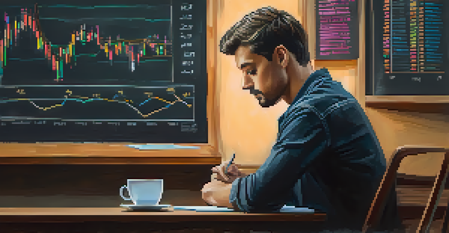 A person reflecting over a trading journal and coffee, with market trends illustrated on a chalkboard in the background.