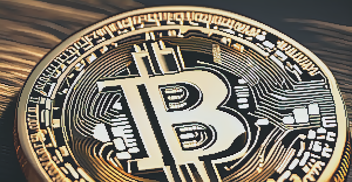 A detailed close-up of a Bitcoin coin against a blurred digital screen showing cryptocurrency trends, illuminated with warm lighting.