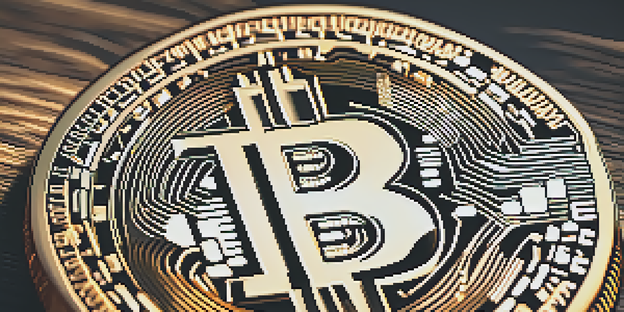 A detailed close-up of a Bitcoin coin against a blurred digital screen showing cryptocurrency trends, illuminated with warm lighting.