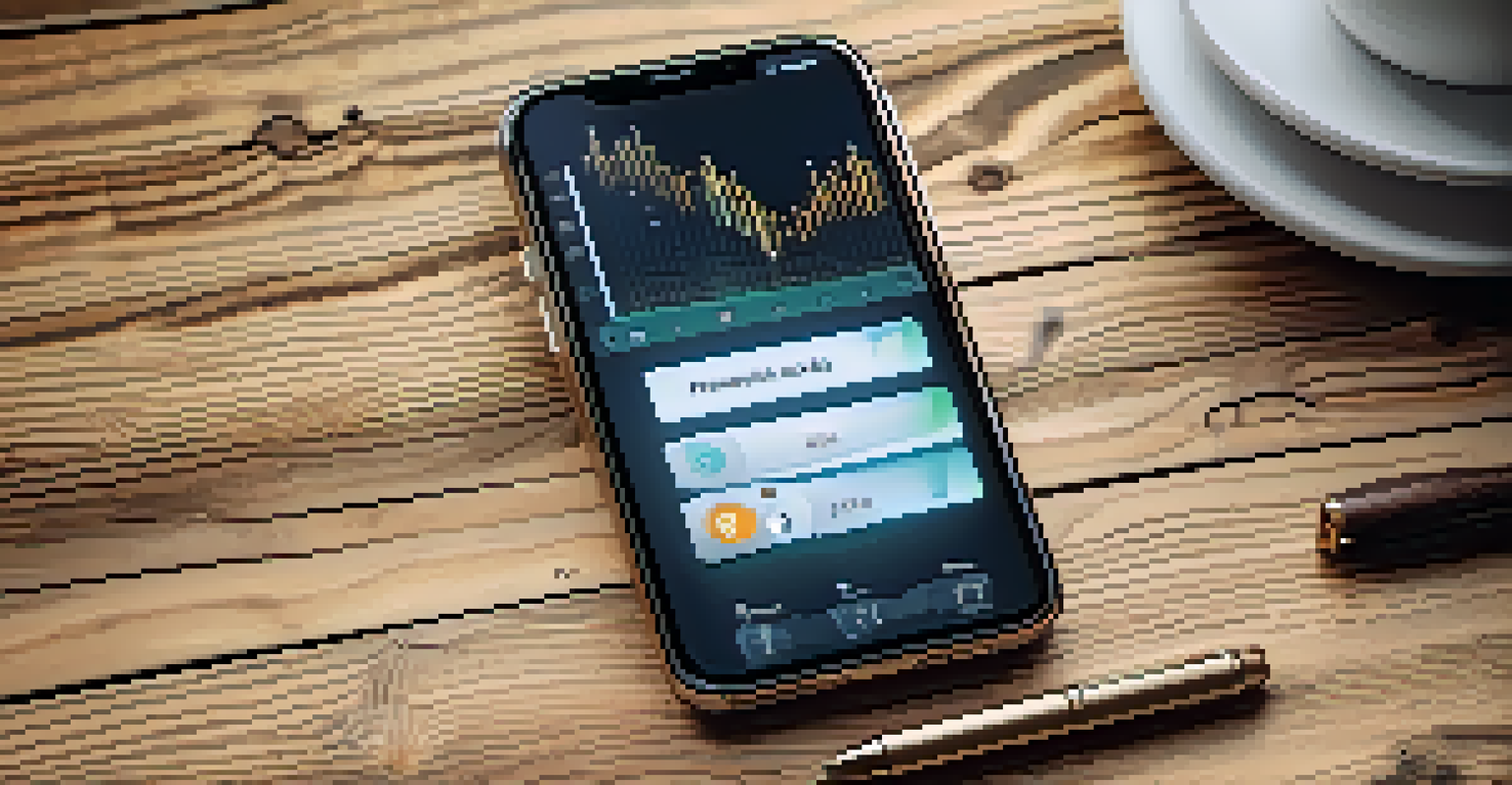 A smartphone on a wooden table showing a decentralized finance app interface, with coffee and stationery around it.