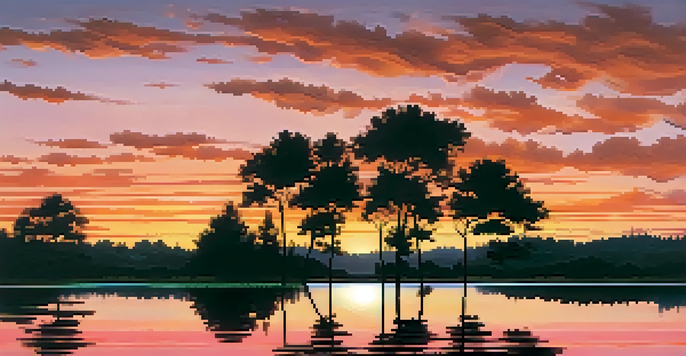 A beautiful sunset over a calm lake, with colorful reflections and silhouetted trees.
