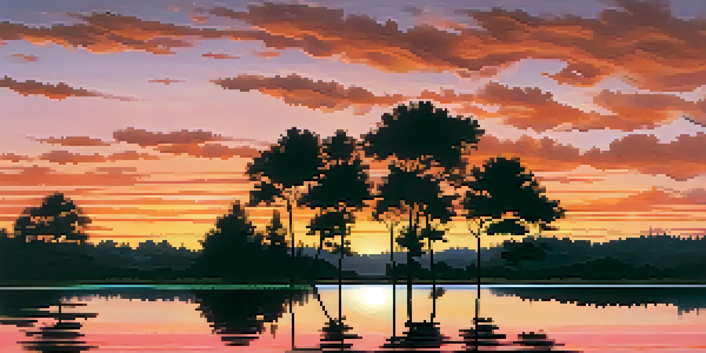A beautiful sunset over a calm lake, with colorful reflections and silhouetted trees.