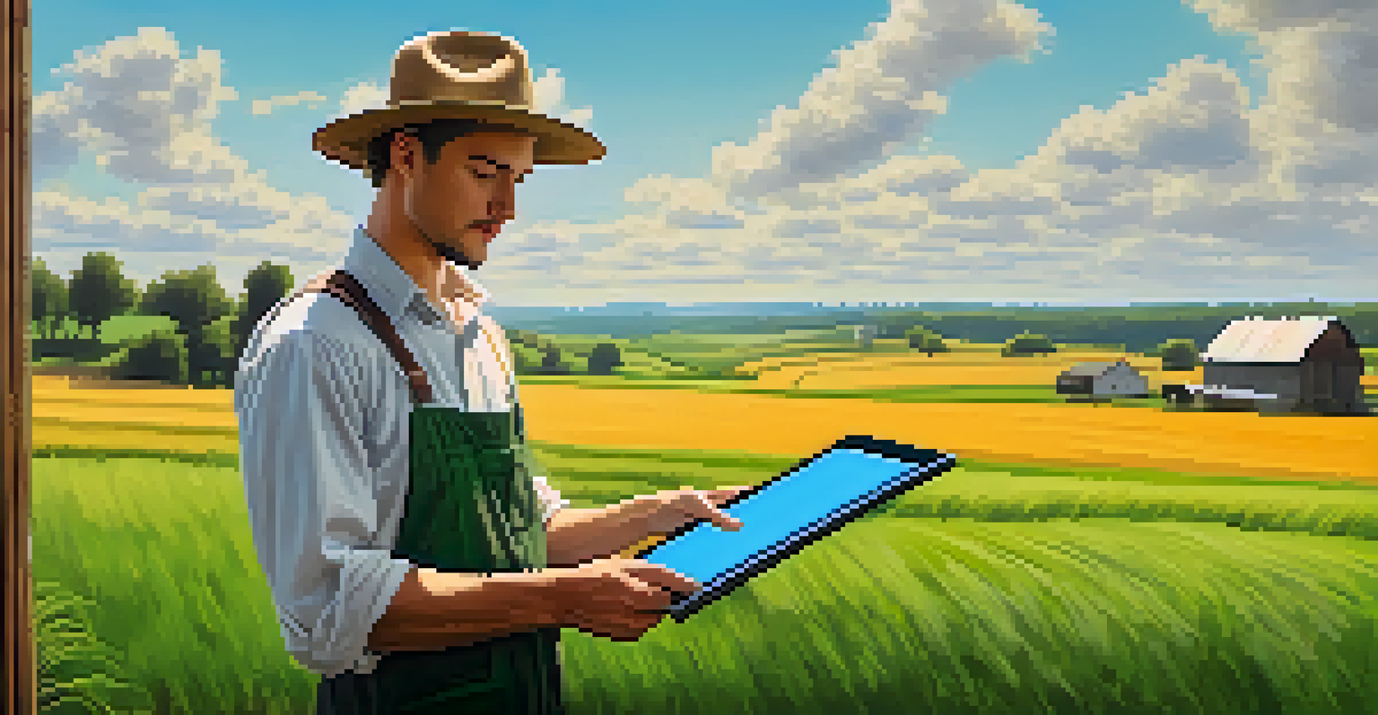 A farmer in a serene countryside using a tablet to track Bitcoin prices, with green fields and a clear sky in the background.