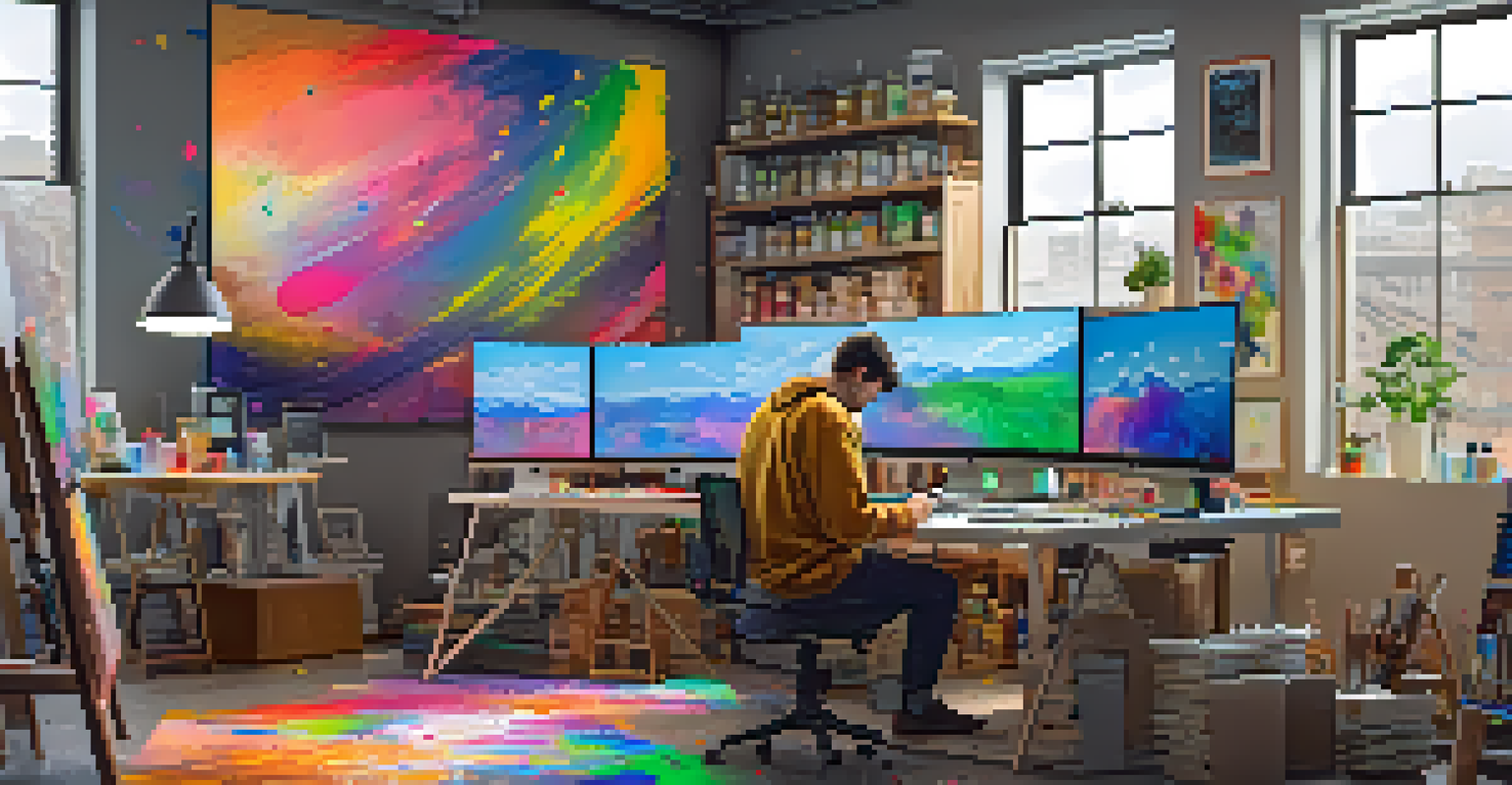 An artist in a bright studio blending traditional painting with digital tools, surrounded by colorful paints and technology.