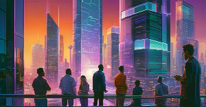 A futuristic city with neon-lit skyscrapers and people using holographic interfaces, representing blockchain identity management.