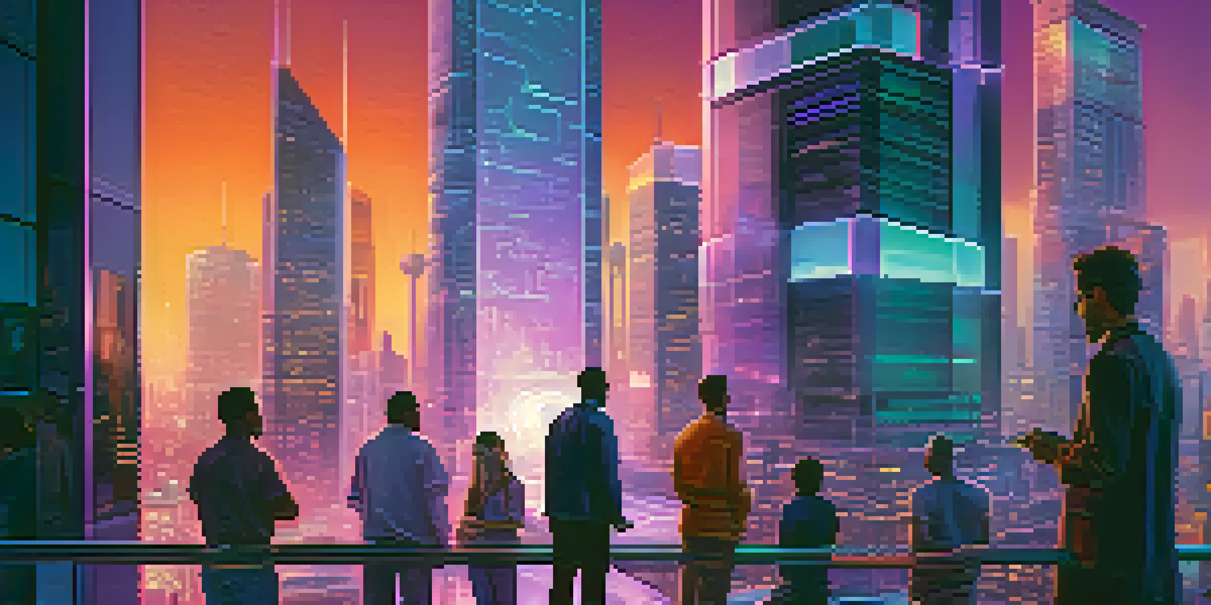 A futuristic city with neon-lit skyscrapers and people using holographic interfaces, representing blockchain identity management.