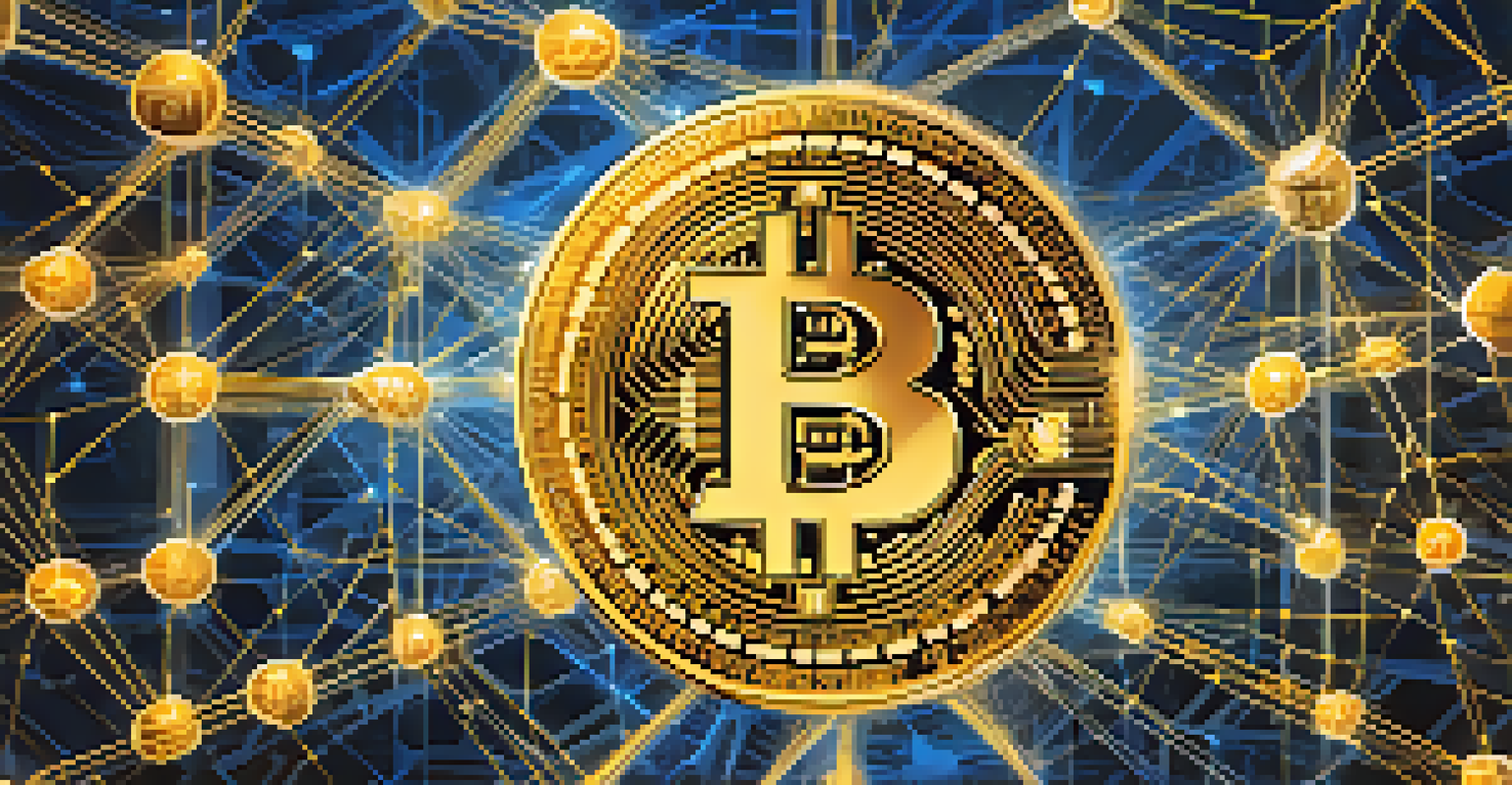 A glowing Bitcoin symbol in the center surrounded by a network of blockchain nodes, representing digital currency and innovation.