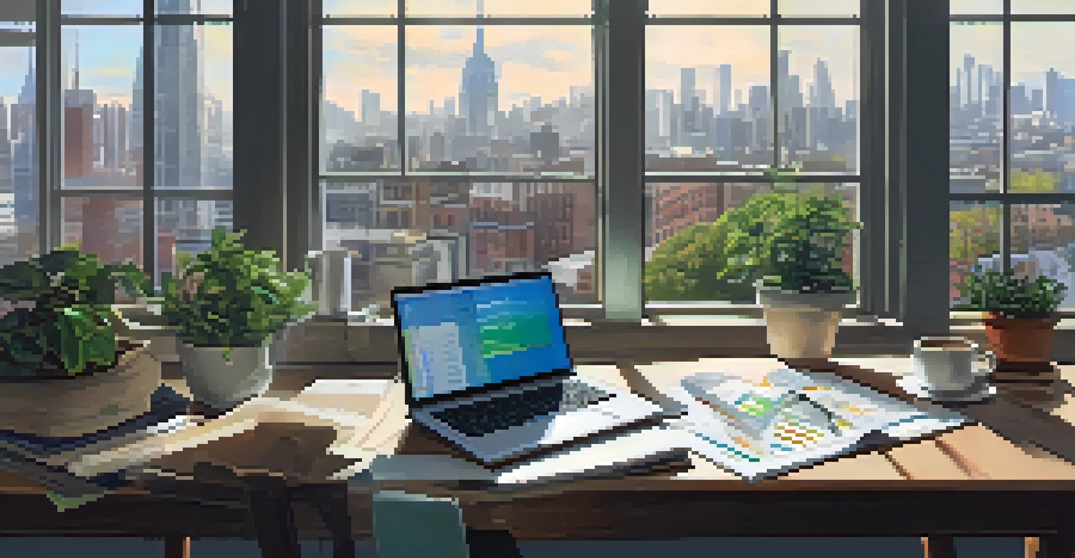 A person studying financial market trends at a desk filled with books and a laptop, with a city view outside the window.
