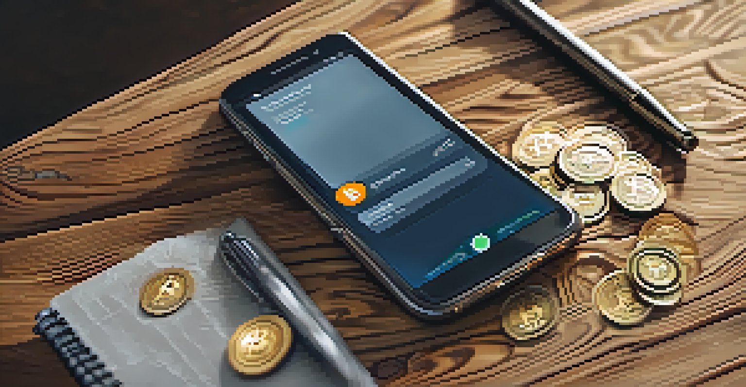A smartphone with a Bitcoin wallet app displayed on a wooden table, surrounded by physical coins, a notepad, and a pen.