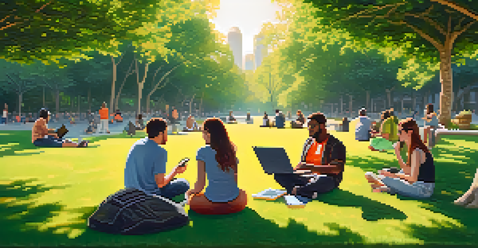 A group of people in a park discussing cryptocurrency with laptops and smartphones.