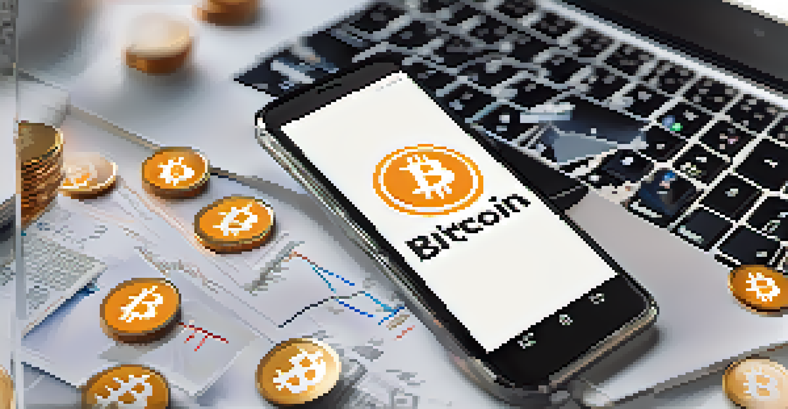 A close-up of a smartphone showing a Bitcoin wallet app, symbolizing digital currency transactions in a modern workspace.
