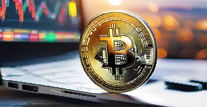 A Bitcoin coin on a laptop keyboard with soft lighting, and a blurred stock market graph in the background.