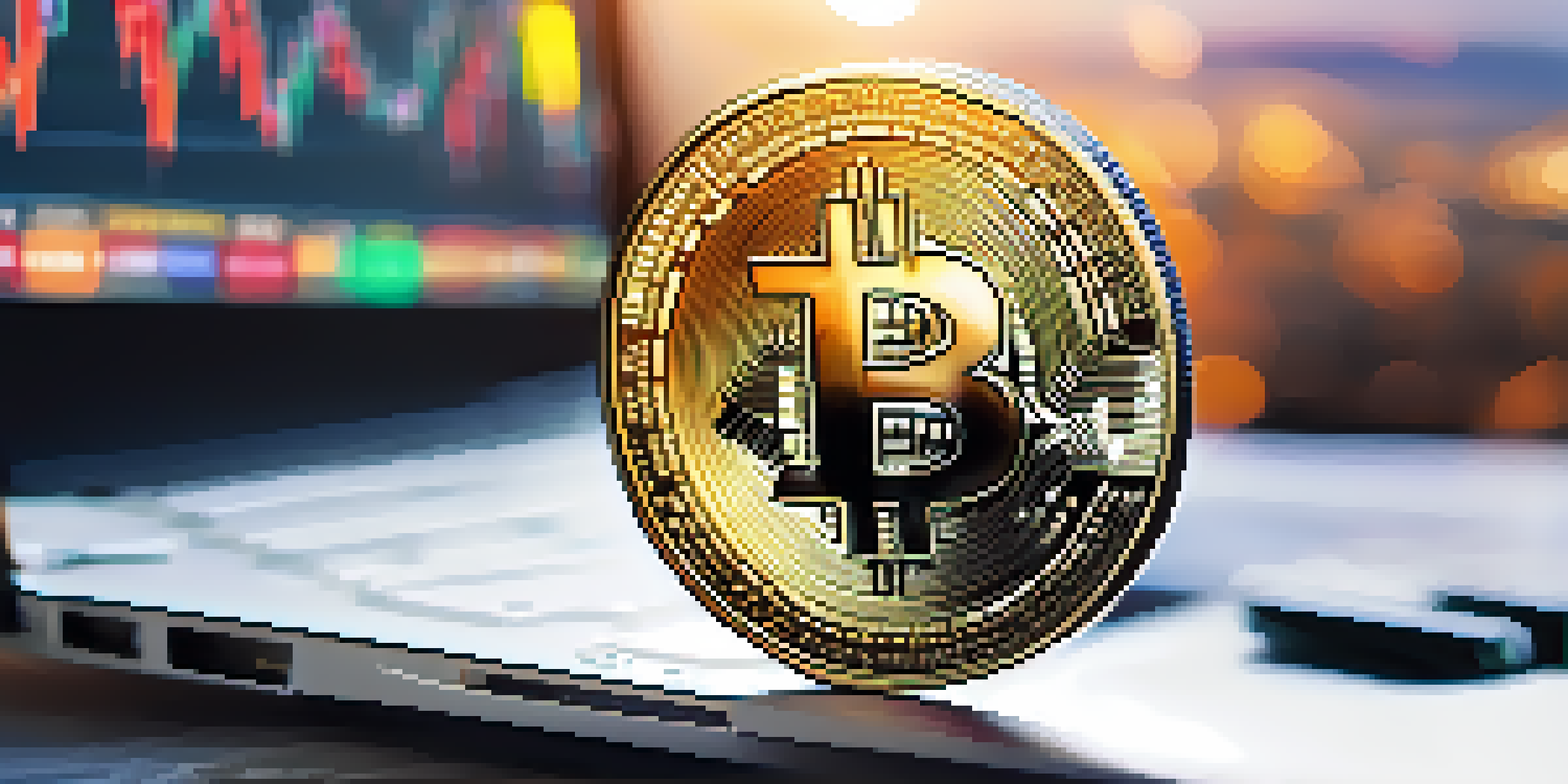 A Bitcoin coin on a laptop keyboard with soft lighting, and a blurred stock market graph in the background.