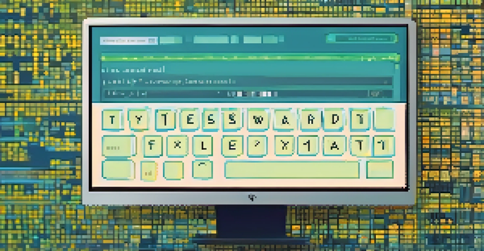 A close-up of a computer screen showing a password creation interface with various characters, set against a softly blurred background.