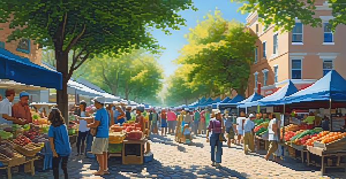 A lively community market with local vendors and diverse people interacting, showcasing fresh produce and handmade crafts under a sunny sky.