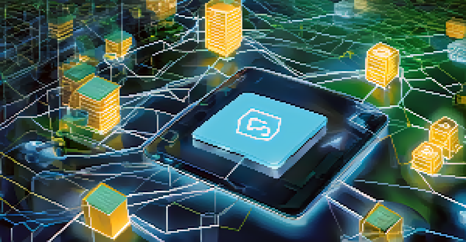 An illustration of blockchain technology in e-commerce, showing interconnected nodes and a transparent supply chain.