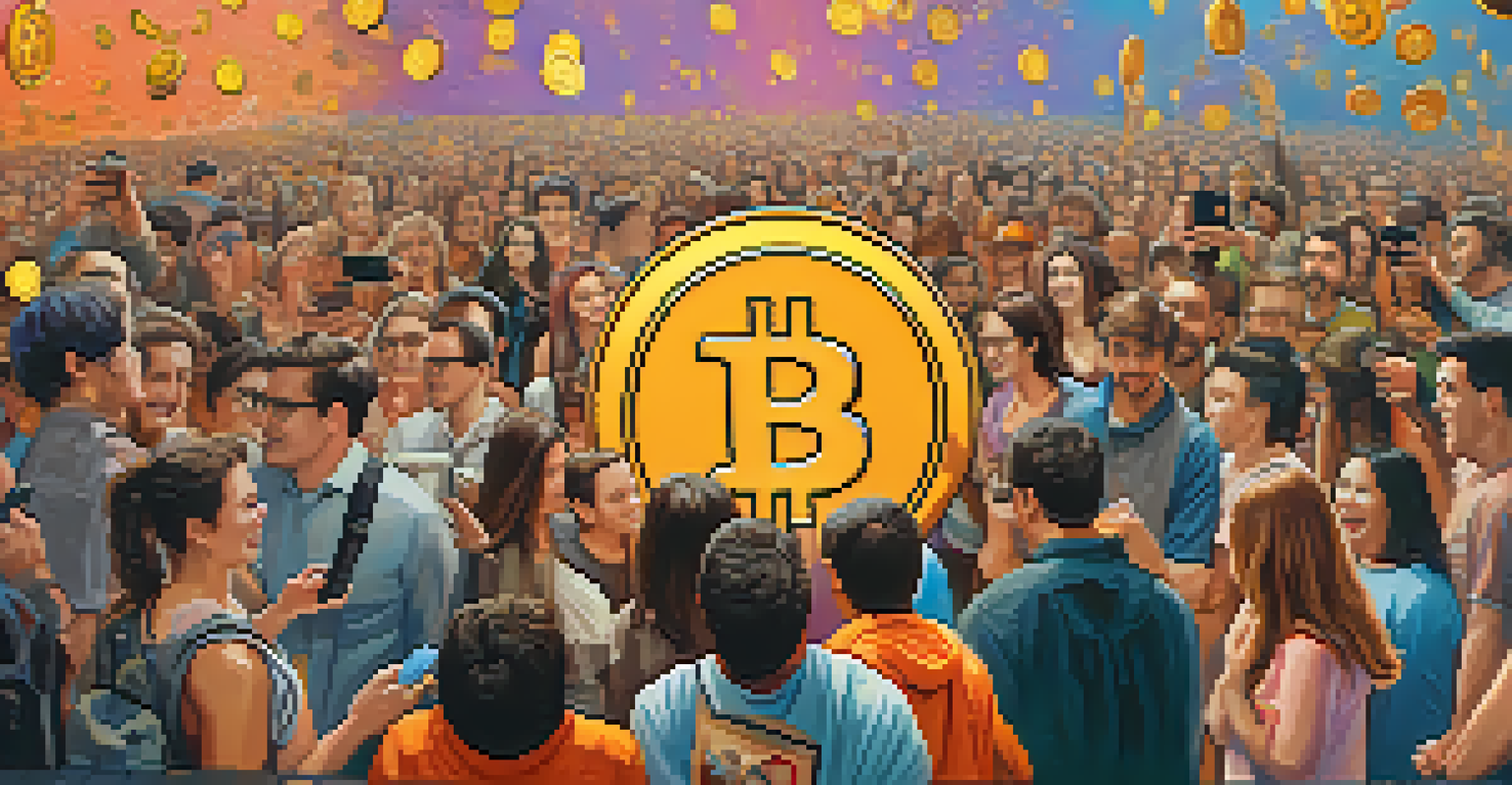 A crowd of people with smartphones interacting with a large Bitcoin symbol above them, illustrating behavioral economics.
