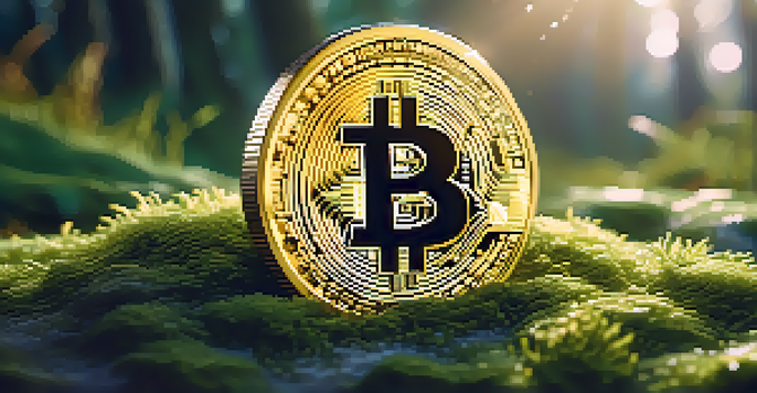 A shiny gold bitcoin coin on green moss with sunlight filtering through leaves.