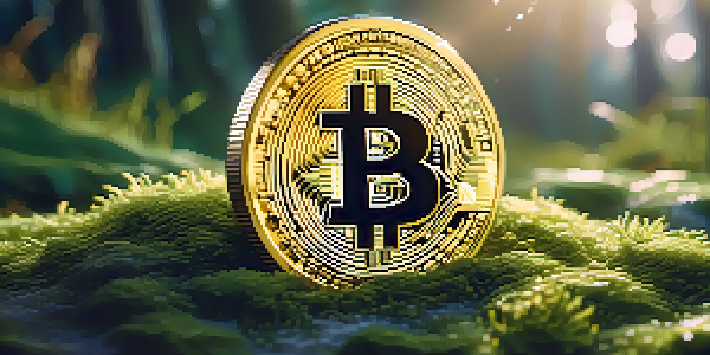A shiny gold bitcoin coin on green moss with sunlight filtering through leaves.