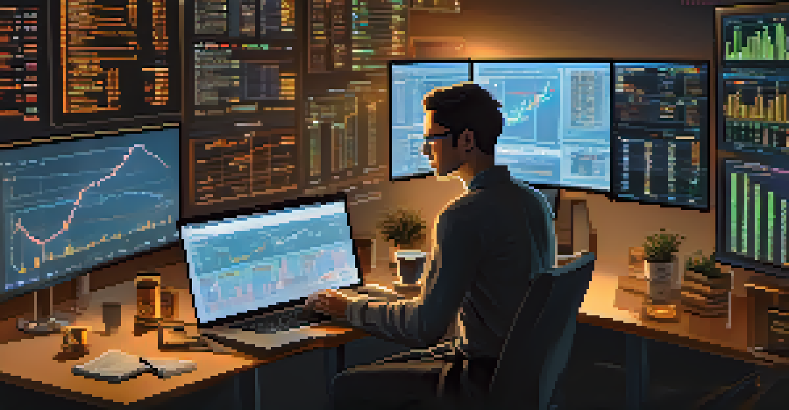 A person analyzing cryptocurrency data on multiple screens in a cozy room.