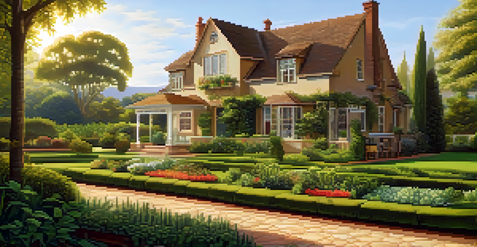 A peaceful landscape with a house, garden, and stock market graph, symbolizing traditional asset wealth preservation.