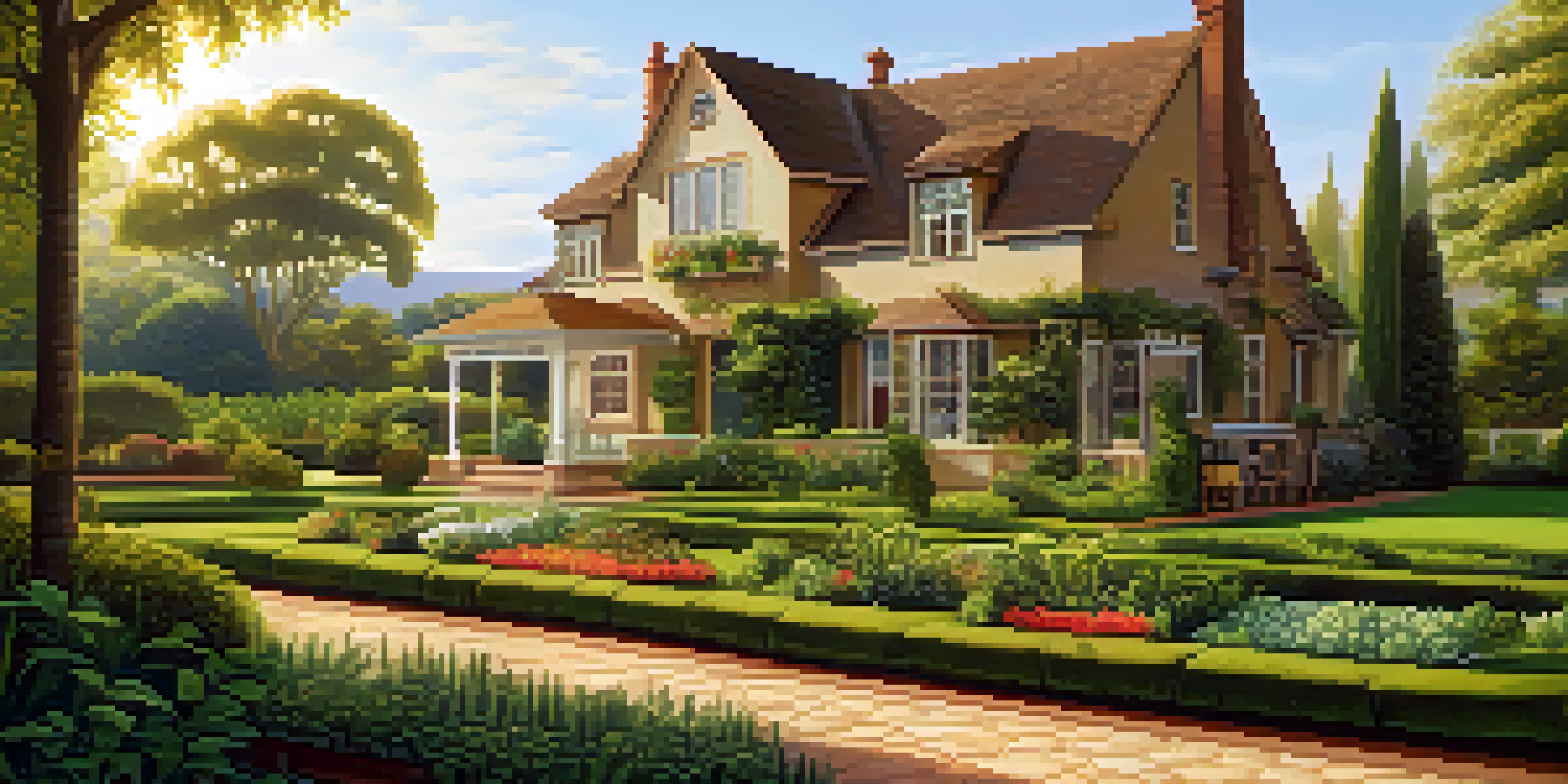 A peaceful landscape with a house, garden, and stock market graph, symbolizing traditional asset wealth preservation.