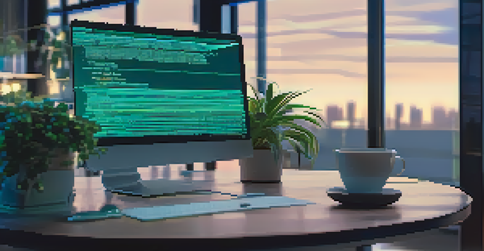A computer screen displaying smart contract code in a modern office with plants and a coffee mug.