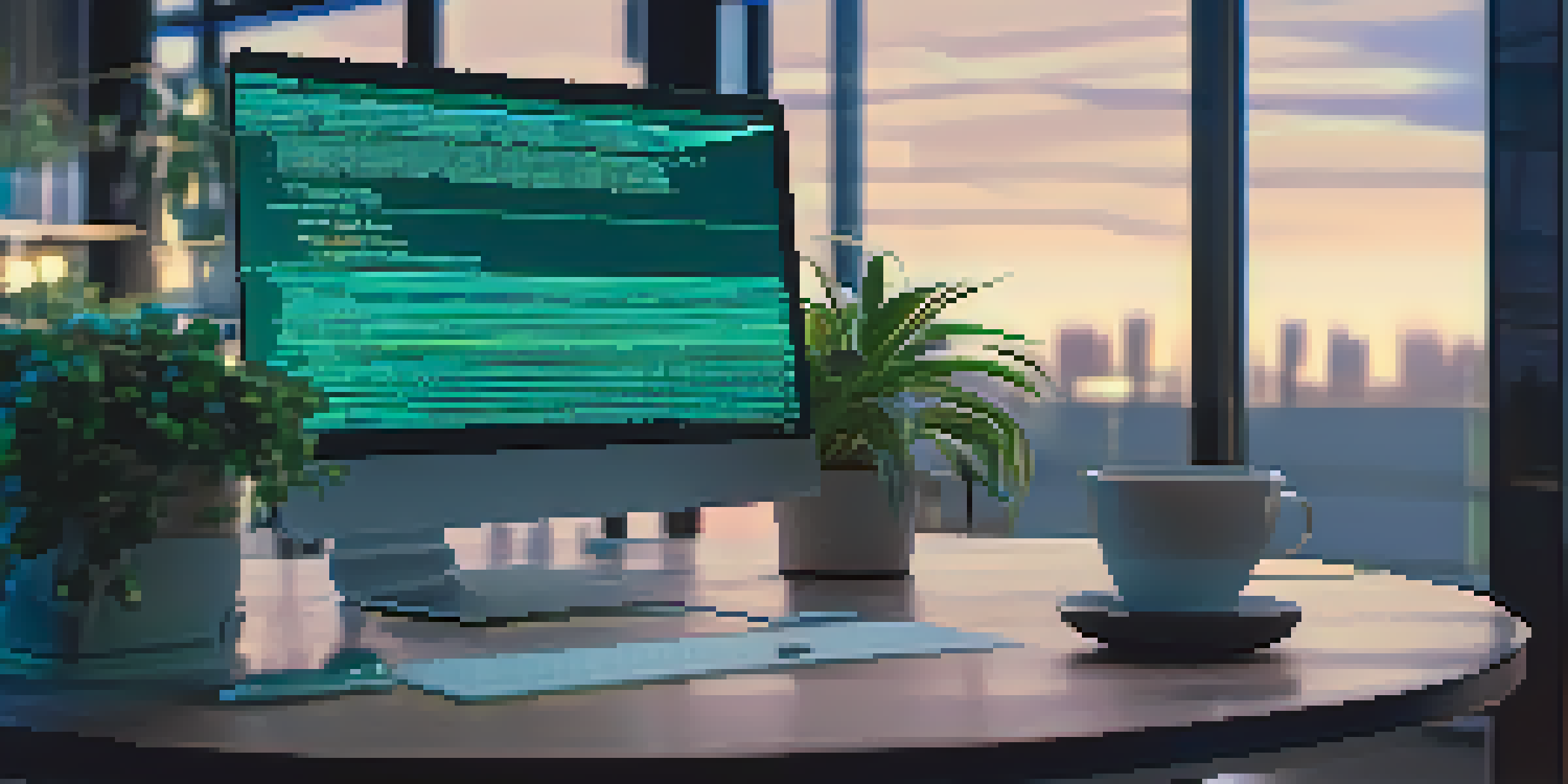 A computer screen displaying smart contract code in a modern office with plants and a coffee mug.