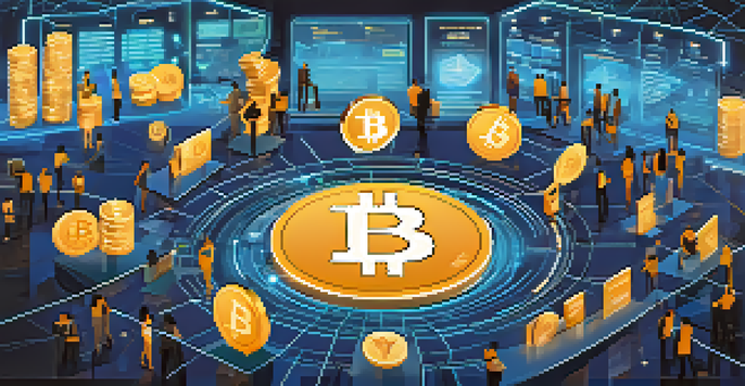 A digital marketplace with Bitcoin at the center, surrounded by various cryptocurrencies and a tech-inspired background.