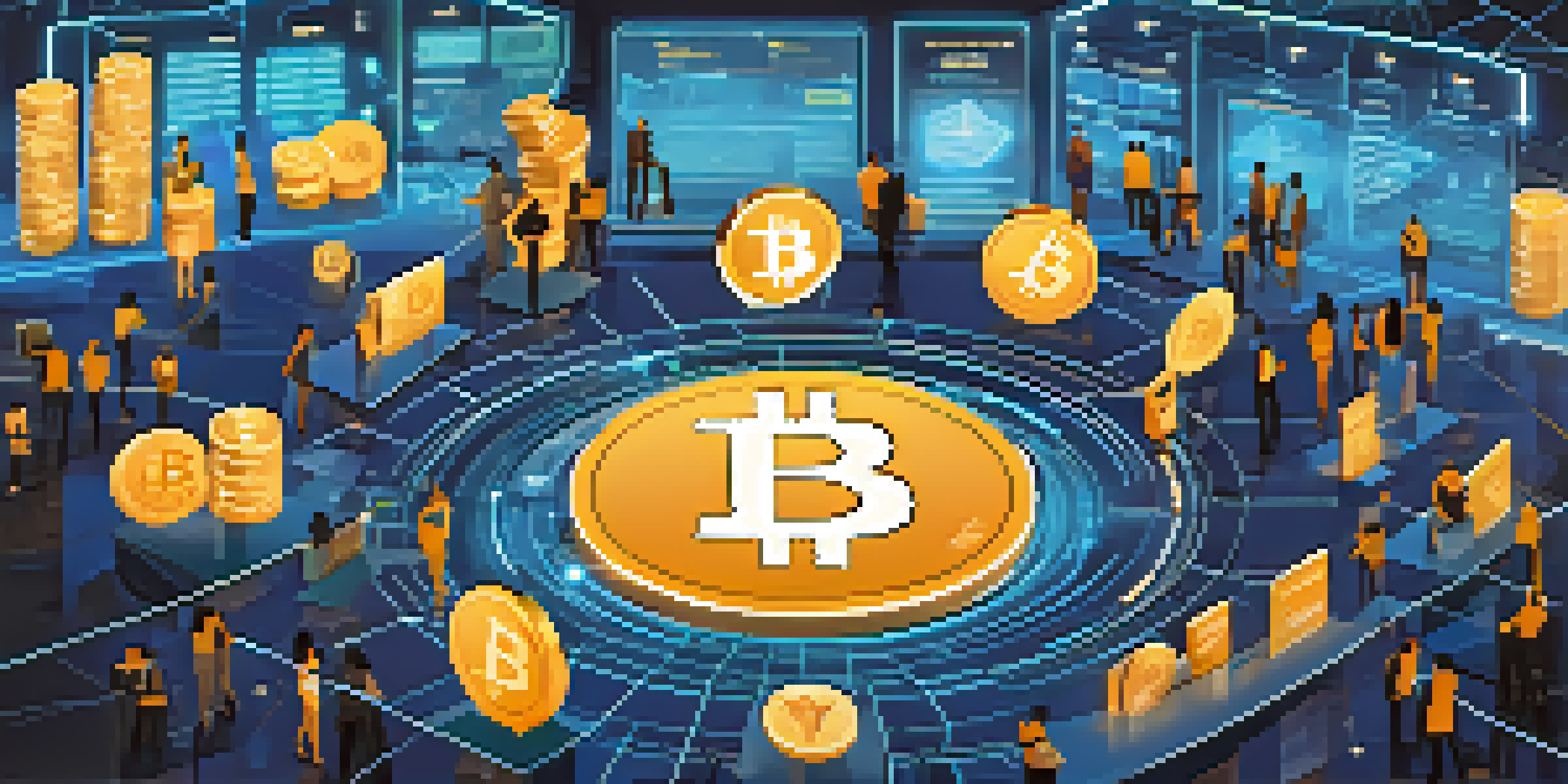A digital marketplace with Bitcoin at the center, surrounded by various cryptocurrencies and a tech-inspired background.