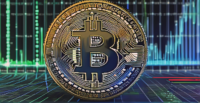 A Bitcoin coin on a digital trading chart with fluctuating lines and volume bars, softly illuminated in blue and green lighting.