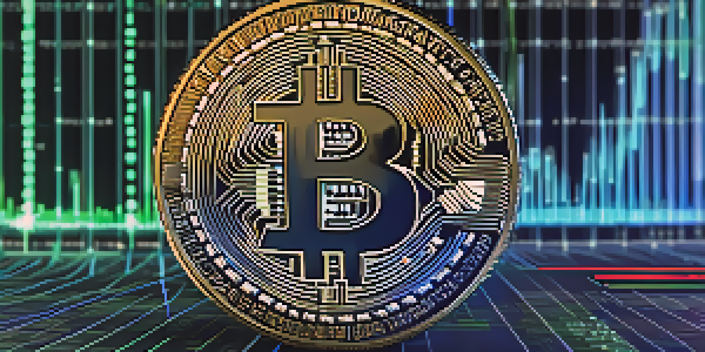 A Bitcoin coin on a digital trading chart with fluctuating lines and volume bars, softly illuminated in blue and green lighting.