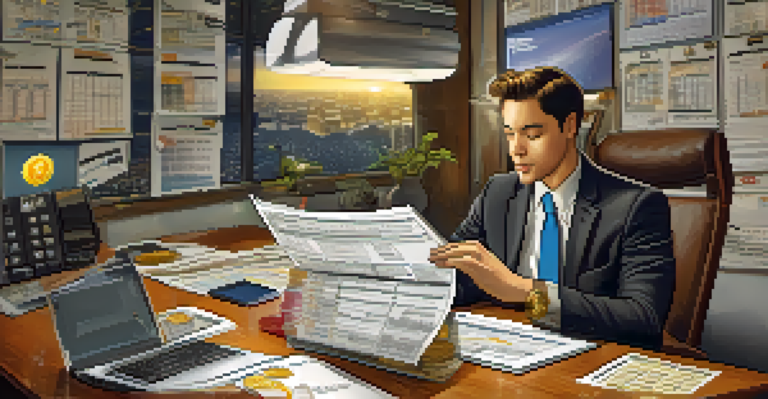 A person working on cryptocurrency tax compliance at a desk with a laptop and various cryptocurrencies scattered around.