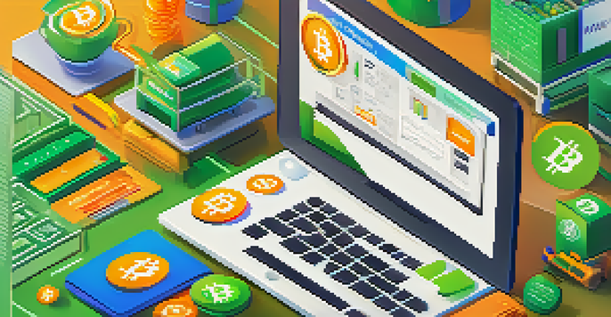 A digital shopping interface displaying products with a highlighted Bitcoin payment option, featuring bright colors and a user-friendly design.