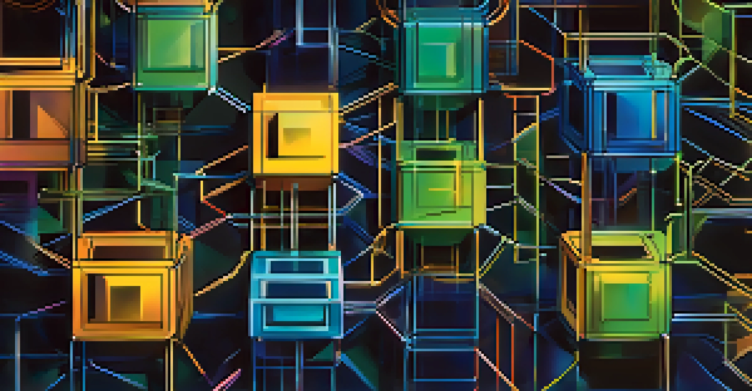 An abstract representation of blockchain technology with colorful interconnected blocks against a dark background.