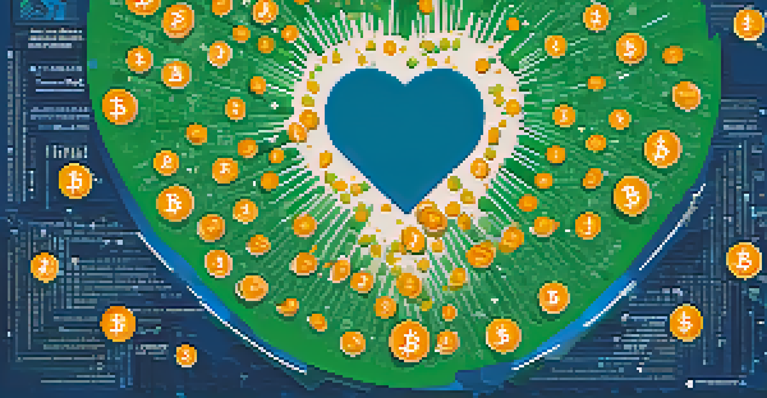 An infographic showing small Bitcoin coins accumulating into a heart symbol representing micro-donations.