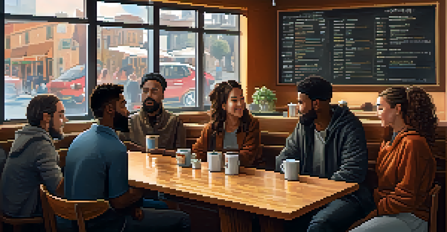 A warm coffee shop with diverse individuals discussing Bitcoin, featuring cozy lighting and a cityscape view, symbolizing digital community engagement.