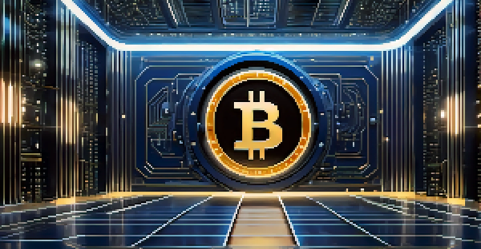 A digital vault with a glowing Bitcoin symbol, surrounded by futuristic circuit patterns and soft blue lighting.