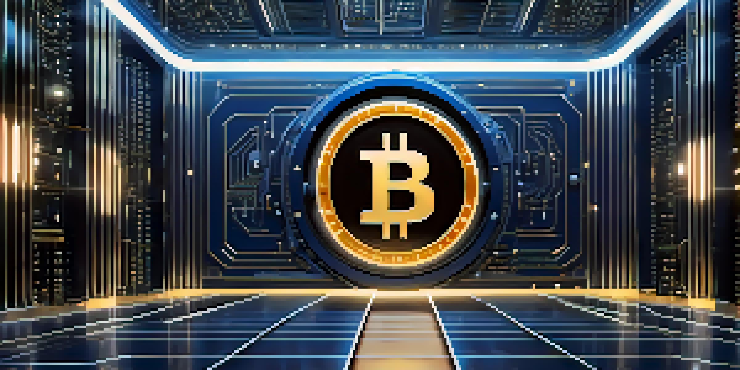A digital vault with a glowing Bitcoin symbol, surrounded by futuristic circuit patterns and soft blue lighting.