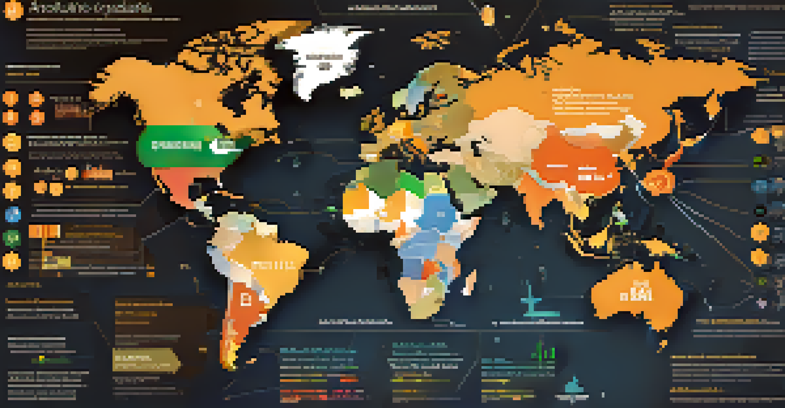 An infographic showing the global landscape of cryptocurrency regulations with a world map, highlighting different countries and their regulatory attitudes towards digital currencies.