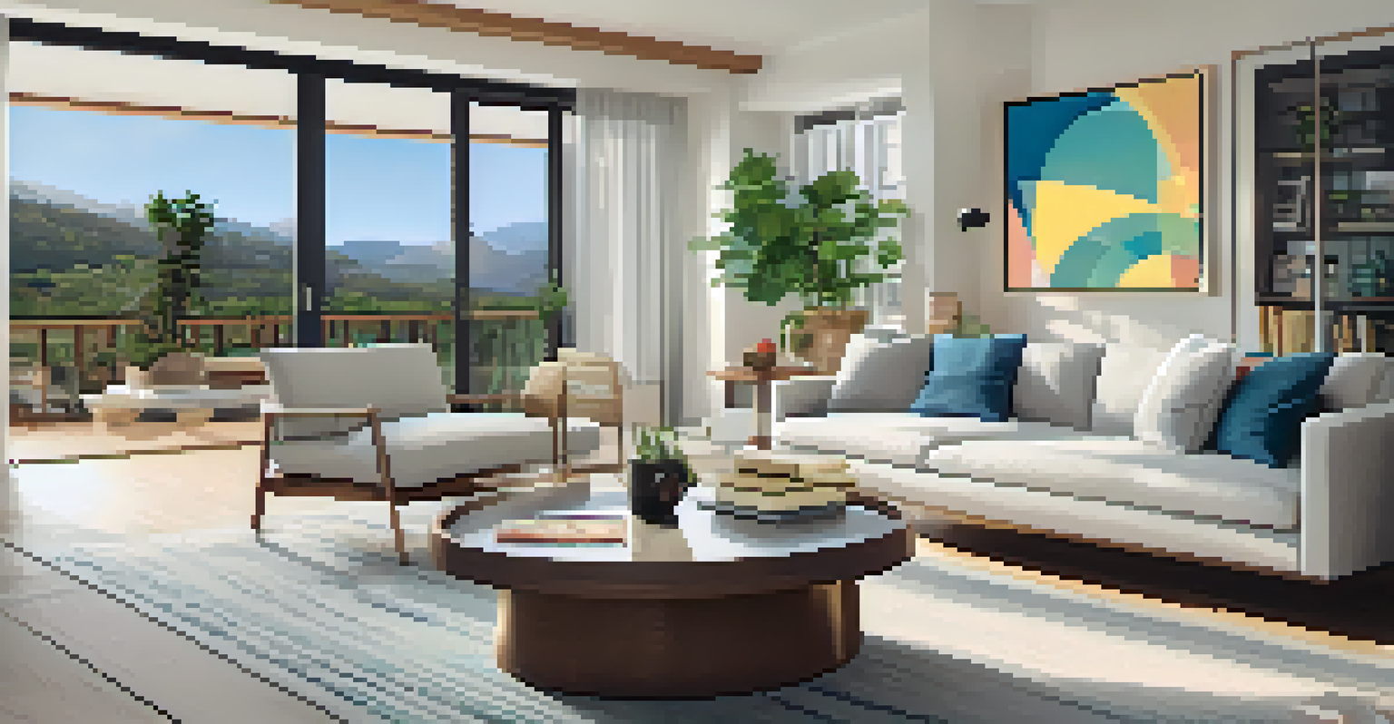 A stylish vacation rental living room with contemporary furniture, large windows, and a laptop displaying cryptocurrency trading charts.