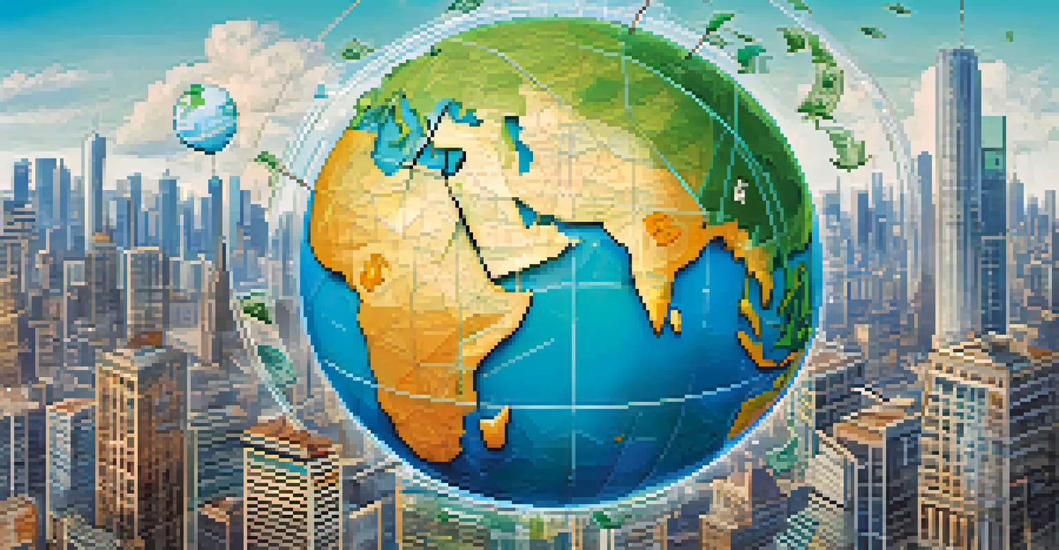 A globe with arrows representing money transfers and Bitcoin symbols, set against city skylines, emphasizing global remittances.