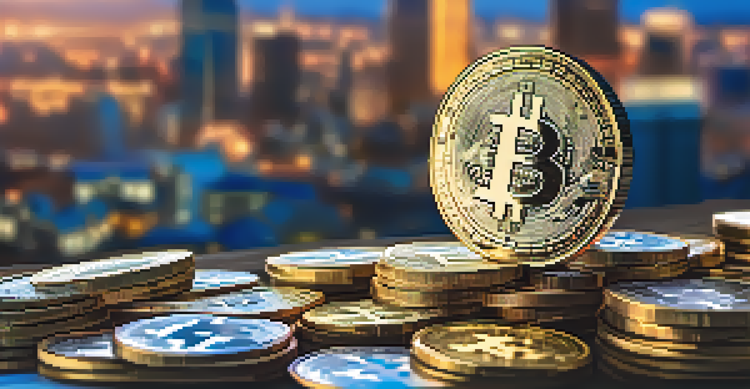 A close-up of a Bitcoin coin on top of traditional currency coins, set against a blurred city background.