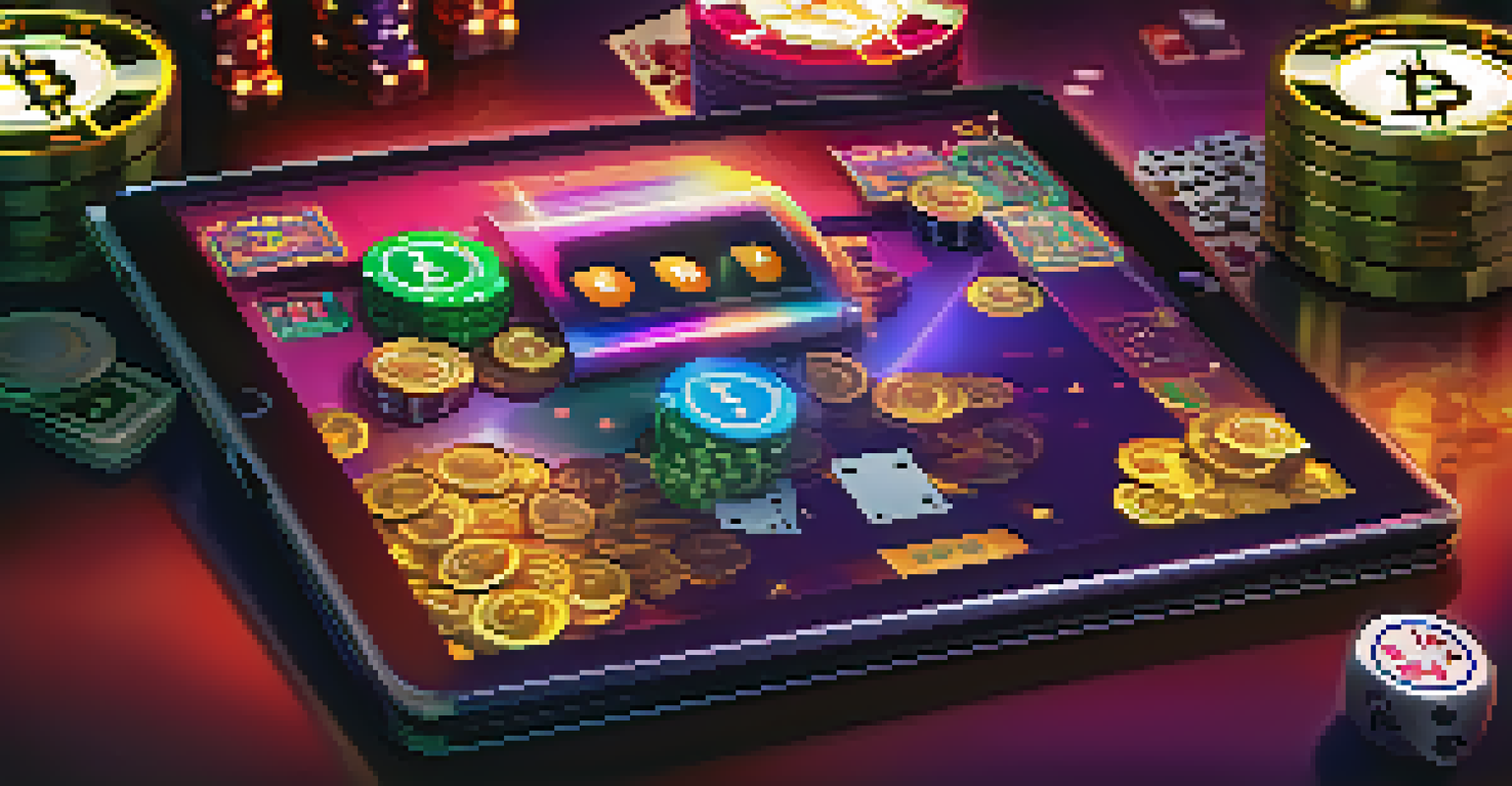 A Bitcoin wallet displayed on a tablet, surrounded by gaming elements like dice, playing cards, and casino chips, highlighting online gambling excitement.