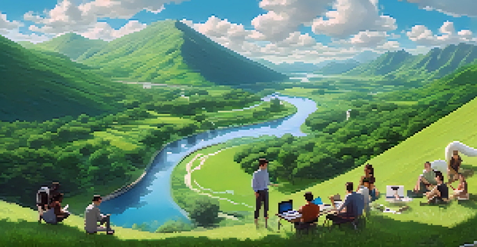 A peaceful valley with a river and diverse individuals using technology, representing the discussion of blockchain advancements.