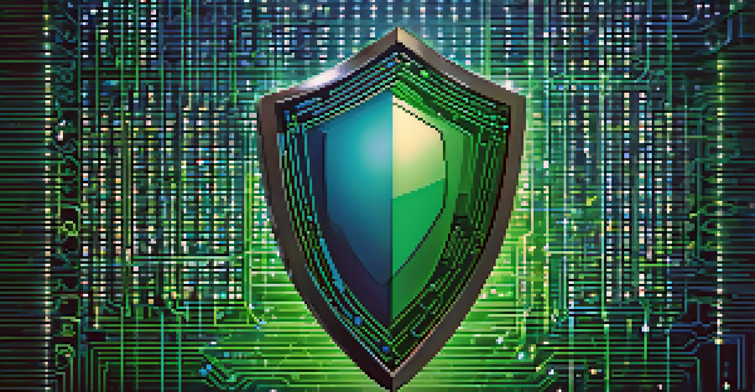 An abstract depiction of online security with a digital shield and binary code, using blue and green colors for a tech-focused theme.