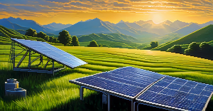 A peaceful landscape with solar-powered Bitcoin mining rigs in a green field during sunset.
