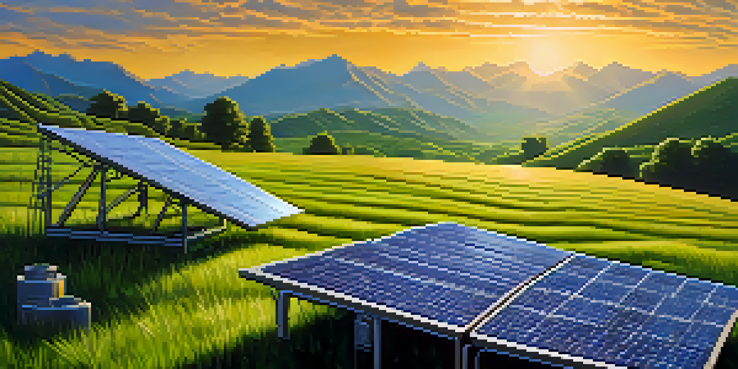 A peaceful landscape with solar-powered Bitcoin mining rigs in a green field during sunset.