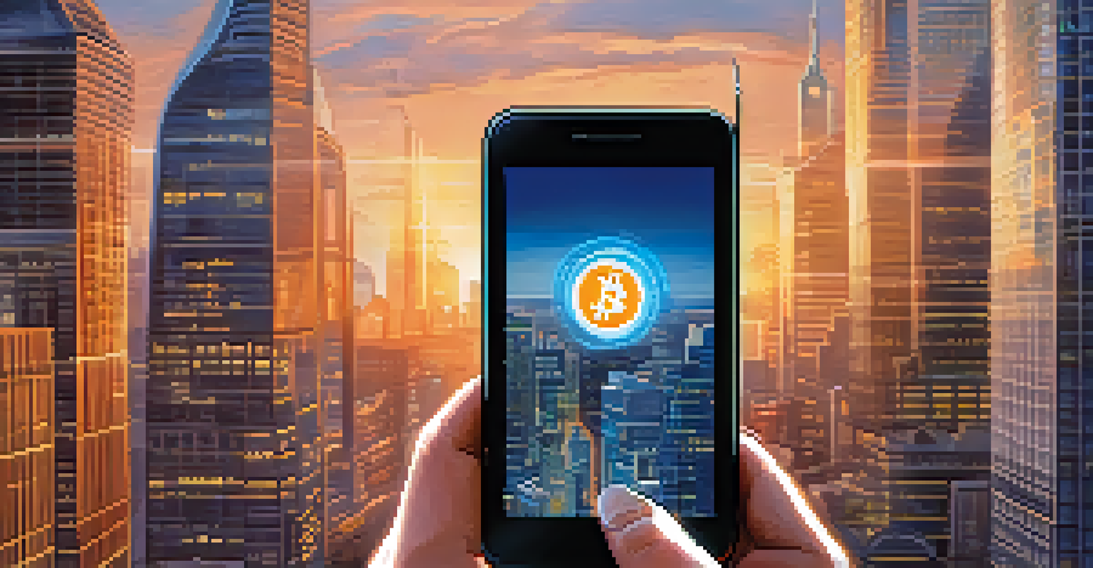 A person using a smartphone displaying a Bitcoin logo, with a city skyline in the background, representing digital financial transactions.